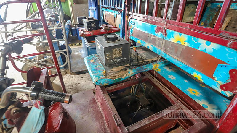 No safety measures have been put in place while charging the batteries of easybikes and rickshaws. The power is drawn directly from the main electricity line, which is extremely dangerous. Photo: Asif Mahmud Ove