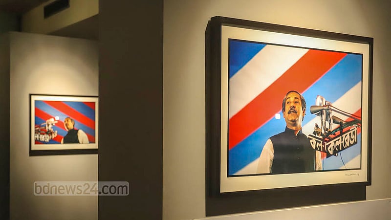 A photo of Bangabandhu Sheikh Mujibur Rahman is showcased at the “Witnessing History in the Making: Photographs by Anne de Hemming” exhibition at the Liberation War Museum on Thursday, Dec 15, 2022.