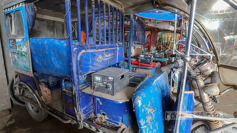 No safety measures have been put in place while charging the batteries of easybikes and rickshaws. The power is drawn directly from the main electricity line, which is extremely dangerous. Photo: Asif Mahmud Ove