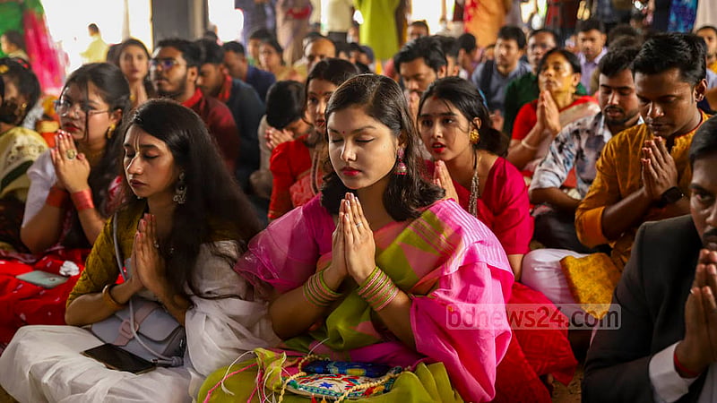 Hindus believe the goddess Saraswati is the manifestation of the creator’s knowledge and wisdom. Students worship the goddess at the Jagannath Hall ground on Thursday, Jan 26, 2023. Photo: Mahmud Zaman Ovi