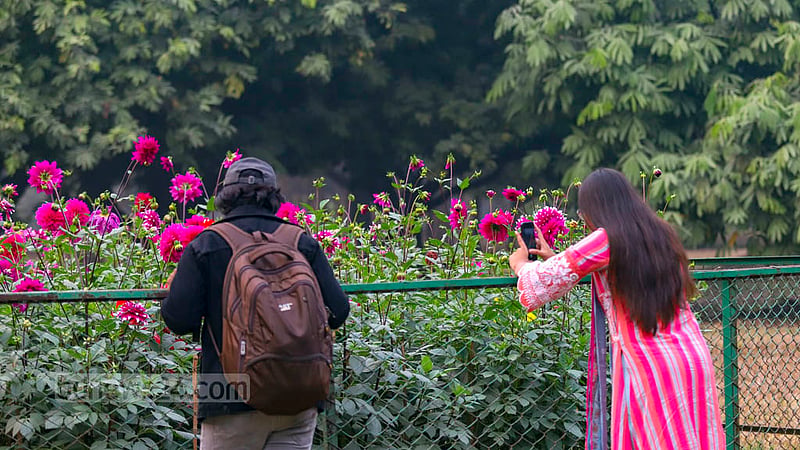 Visitors take selfies outside flower beds at Ramna Park in Dhaka. Photo: Mahmud Zaman Ovi