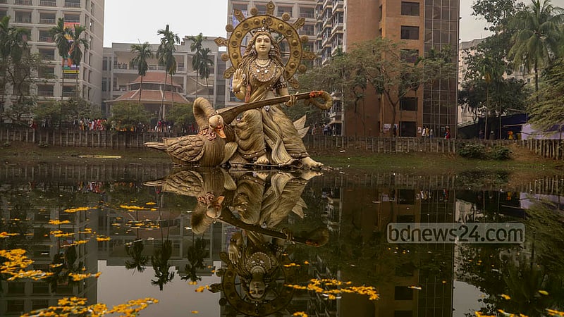 The Hindu goddess of knowledge in the pond of Jagannath Hall of Dhaka University during the Saraswati Puja on Thursday, Jan 26, 2023. Photo: Mahmud Zaman Ovi