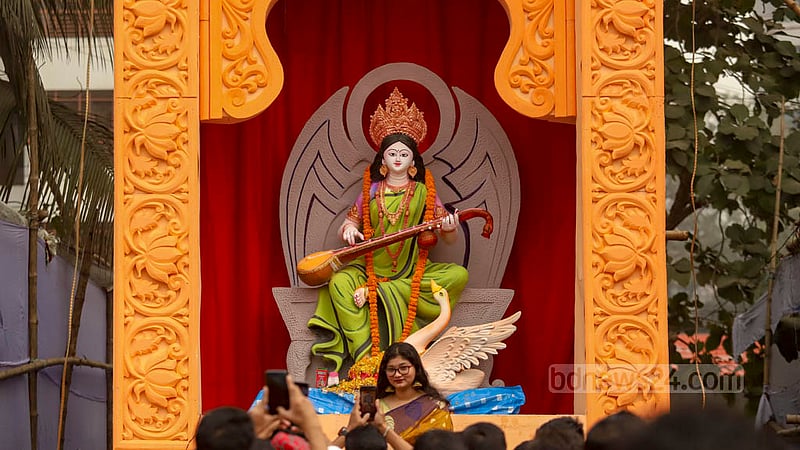Students from different departments of Dhaka University have set up pandals in Jagannath Hall ground for the Saraswati Puja on Thursday, Jan 26, 2023. Photo: Mahmud Zaman Ovi