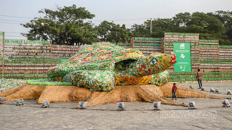 A sculpture of a turtle made of recycled waste has been erected to highlight the severity of the risks that plastic pollution poses to marine life. Photo: Asif Mahmud Ove