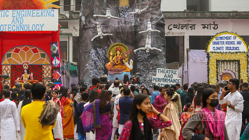 Students from different departments of Dhaka University have set up pandals in Jagannath Hall ground for the Saraswati Puja on Thursday, Jan 26, 2023. Photo: Mahmud Zaman Ovi