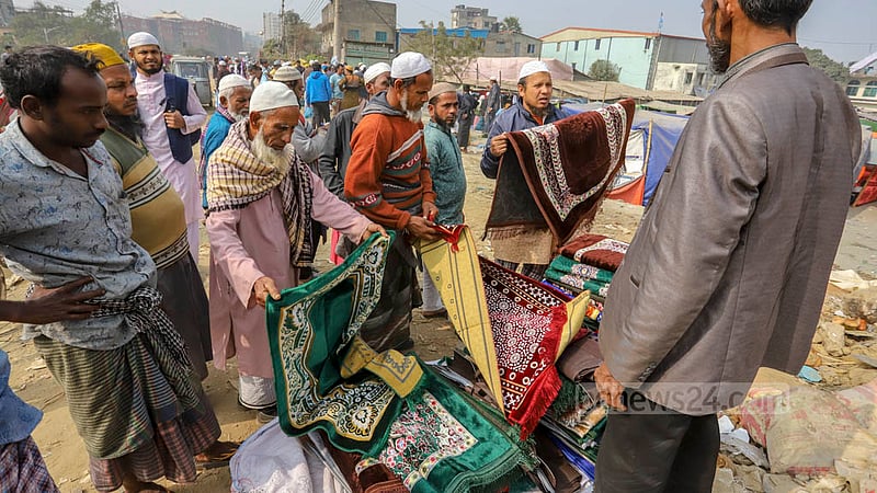 Vendors are selling various products, from prayer mats to towels, at the Biswa Ijtema ground in Tongi. Photo: Asif Mahmud Ove