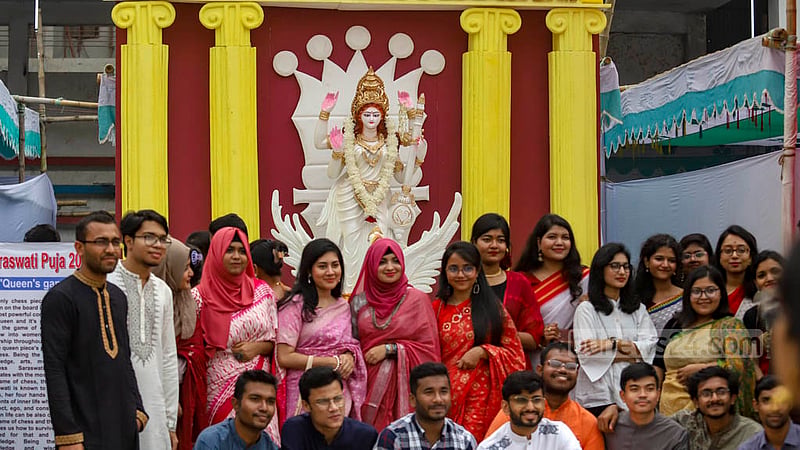 Visitors celebrate the Saraswati Puja in Jagannath Hall ground at Dhaka University in a festive atmosphere on Thursday, Jan 26, 2023. Photo: Mahmud Zaman Ovi