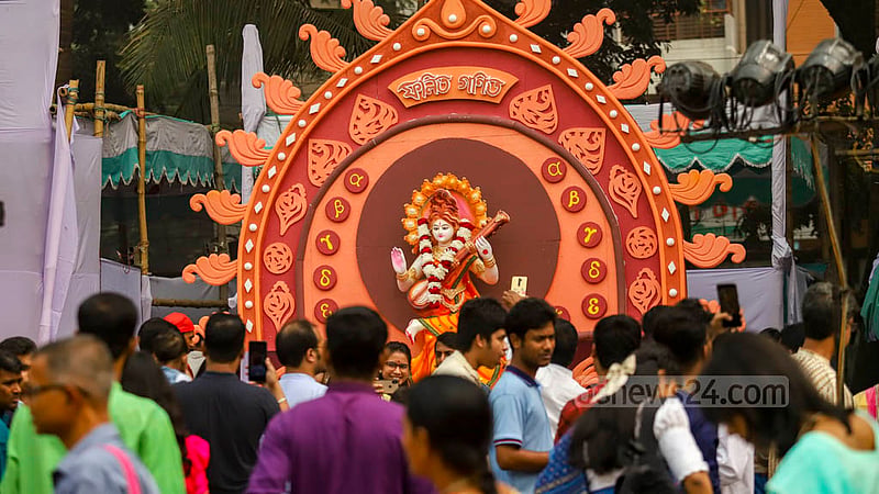 Students from different departments of Dhaka University have set up pandals in Jagannath Hall ground for the Saraswati Puja on Thursday, Jan 26, 2023. Photo: Mahmud Zaman Ovi