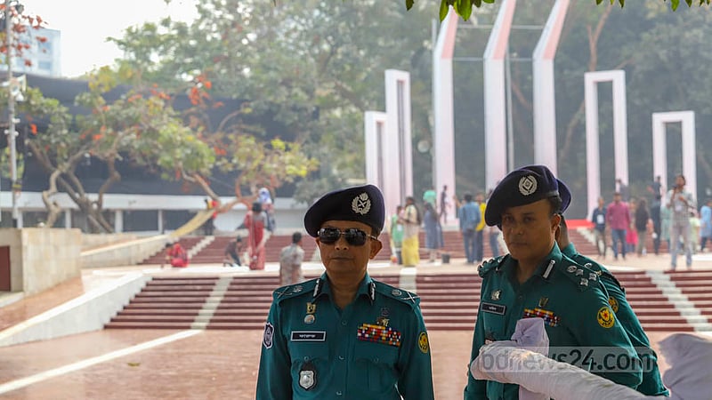 Khandaker Golam Faruq, the commissioner of Dhaka Metropolitan Police, inspects security at the Central Shaheed Minar on Sunday, Feb 19, 2023, ahead of International Mother Language Day.