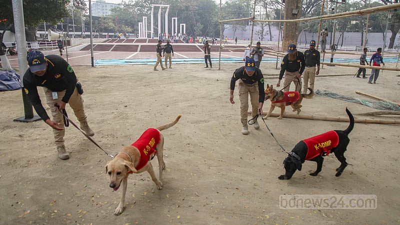 Law enforcers conduct a security drill at the Central Shaheed Minar in Dhaka on Sunday, Feb 19, 2023, ahead of Martyrs Day.