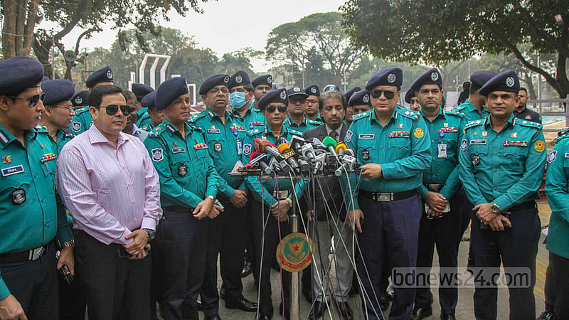 Khandaker Golam Faruq, the commissioner of Dhaka Metropolitan Police, speaks to reporters after inspecting security at the Central Shaheed Minar on Sunday, Feb 19, 2023, ahead of International Mother Language.