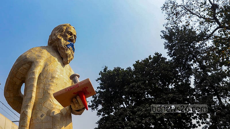 A statue of Rabindranath Tagore on the campus with the mouth taped and a book in its hands nailed will be on the Dhaka University campus throughout February.