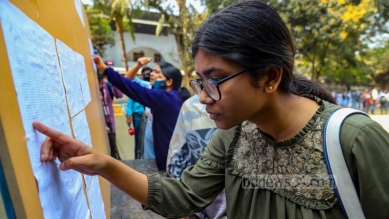 Silky Roy, a science stream student at Viqarunnisa Noon School and College, searches for her results in the HSC exams on the notice board on Wednesday, Feb 3, 2023. Photo: Mahmud Zaman Ovi