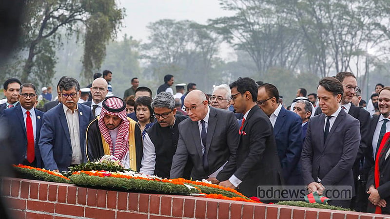 State Minister for Foreign Affairs Shahriar Alam and ambassadors from different countries pay tribute to the martyrs of the Liberation War on the 52nd anniversary of Bangladesh’s independence at the National Martyrs’ Memorial on Sunday, Mar 26, 2023.