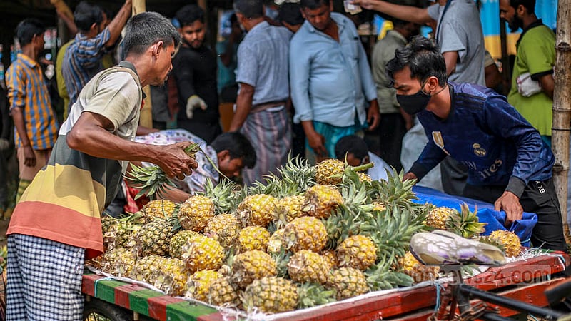 A retail seller organises pineapples on his rickshaw van after buying them from the wholesale fruits market in Hazaribagh. Photo: Tawhiduzzaman Tapu