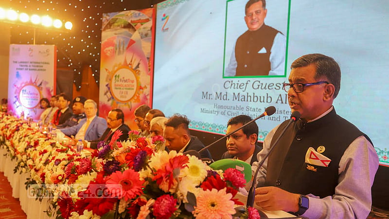 State Minister for Civil Aviation and Tourism Md Mahbub Ali speaks during the inaugural ceremony of the three-day-long Bangladesh Travel and Tourism Fair at the Bangabandhu International Conference Centre in Dhaka on Thursday, Mar 2, 2023. Photo: Asif Mahmud Ove