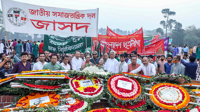 The Jatiya Samajtantrik Dal pays their respect to the martyrs of the 1971 Liberation War at the National Martyrs’ Memorial in Savar on Sunday, Mar 26, 2023. Photo: Asif Mahmud Ove