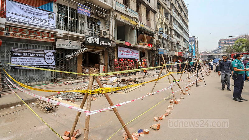 Fire crews continue rescue operations for the third day on Thursday, Mar 9, 2023, after the devastating blast in a building in Old Dhaka’s Siddique Bazar. Photo: Asif Mahmud Ove