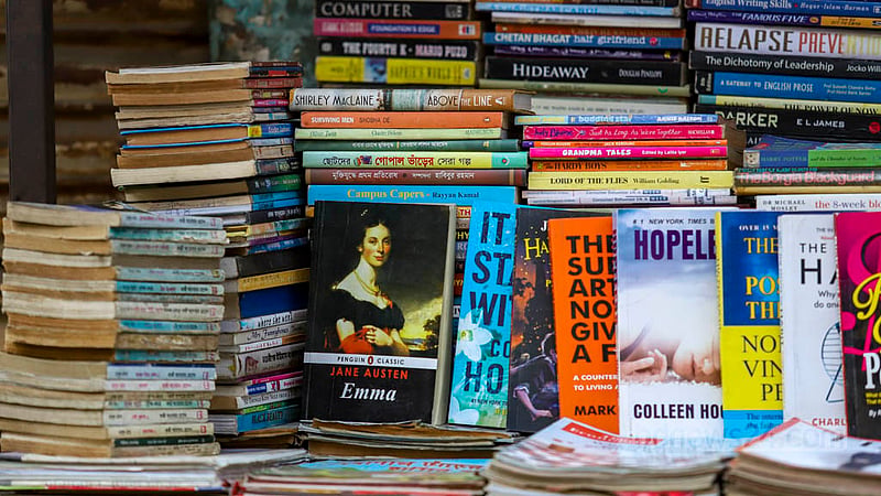 Textbooks are also available, along with novels, poetry books and children’s books in the old books’ section of the Nilkhet book market.  Photo: Mahmud Zaman Ovi