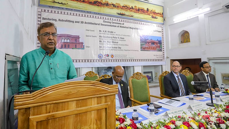 State Minister of Cultural Affairs KM Khalid attends the closing ceremony of retrofitting and restoration of Hammam Khana of the Lalbagh Fort in Old Dhaka on Wednesday, Mar 22, 2023.