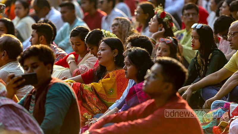 Women attend Chhayanaut’s event at Ramna Batamul in Dhaka wearing colourful Baishakhi attires on Friday, Apr 14, 2023. Photo: Mahmud Zaman Ovi