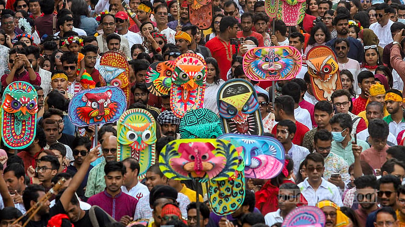 People from all walks of life dance to the drum beats at the Mangal Shobhajatra procession to welcome the Bangla New Year on Friday, Apr 14, 2023. Photo: Mahmud Zaman Ovi