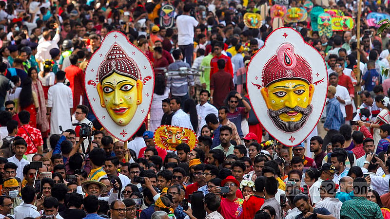 People of all ages and occupations adorned in Baishakhi clothes join the Mangal Shobhajatra procession on Friday, Apr 14, 2023. Photo: Mahmud Zaman Ovi