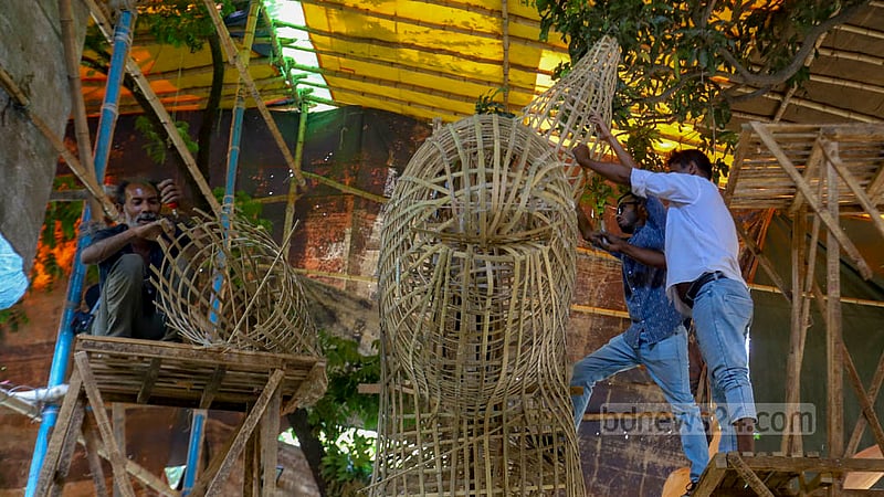 Students of Dhaka University’s Faculty of Fine Arts put the final touches to large objects for the Mangal Shobhajatra on Thursday, Apr 13, 2023, as they prepare for the procession to celebrate Bangla New Year. Photo: Mahmud Zaman Ovi