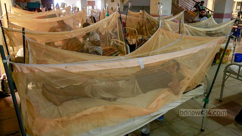 A patient inside a mosquito net is under the care of Mugda Medical College Hospital on Wednesday, May 31, 2023. Photo: Tawhiduzzaman Tapu