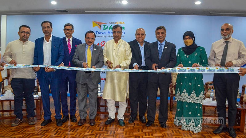 State Minister for Cultural Affairs KM Khalid and other guests inaugurate the 18th Dhaka Travel Mart at Pan Pacific Sonargaon hotel on Thursday, May 18, 2023.