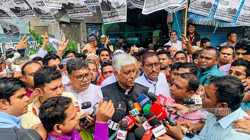 Azmat Ullah Khan, an Awami League candidate in the Gazipur City Corporation election, speaks to the media after casting his ballot at the Darus Salam Madrasa centre in Tongi on Thursday, May 25, 2023. Photo: Tawhiduzzaman Tapu