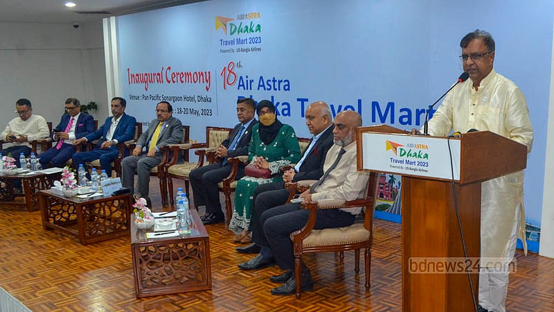 State Minister for Cultural Affairs KM Khalid speaks at the opening ceremony of the 18th Dhaka Travel Mart at Pan Pacific Sonargaon hotel on Thursday, May 18, 2023.