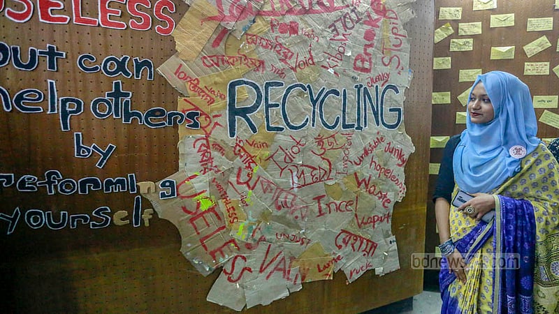 Titumir Art Club organised an exhibition to promote awareness of recycling at the Shaheed Barkat Auditorium in Government Titumir College on Monday, May 29, 2023. Photo: Tawhiduzzaman Tapu