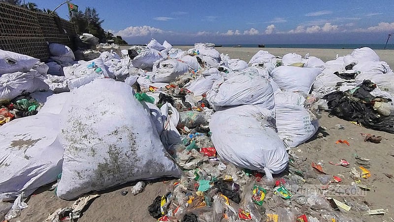 Many volunteer organisations clean up plastic waste on St Martin’s Island to protect the environment ahead of tourism season. These groups often take the waste with them, but others leave them by the pier. photo: Sharif Sarwar