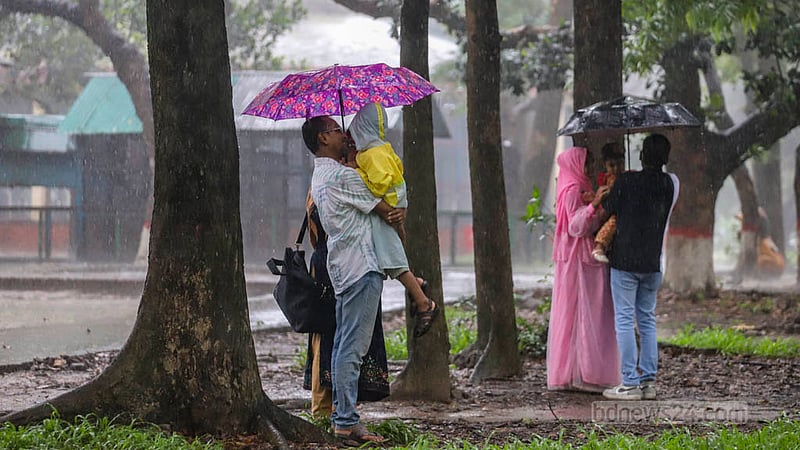 Families save themselves from rain by using umbrellas at the Mirpur National Zoo on Friday, Jun 30, 2023, the day after Eid-ul-Azha. Photo: Asif Mahmud Ove