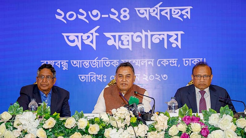 Jun 2: Finance Minister AHM Mustafa Kamal faces the media after presenting the budget for 2023-24 fiscal year in parliament. 