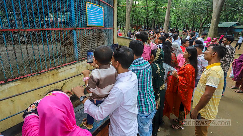 Visitors throng outside the cage of lions at the Mirpur National Zoo on Friday, Jun 30, 2023, the day after Eid-ul-Azha. Photo: Asif Mahmud Ove
