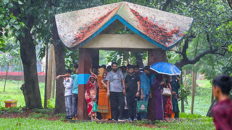 Visitors at the Mirpur National Zoo seek shelter during rain on Friday, Jun 30, 2023, the day after Eid-ul-Azha. Photo: Asif Mahmud Ove