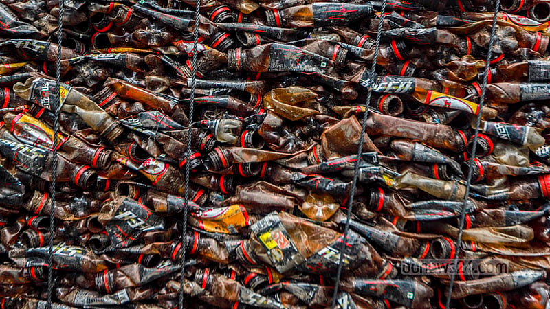 Bundles of plastic bottles are sorted at a recycling factory in Dhaka’s Hazaribagh. Photo: Tawhiduzzaman Tapu