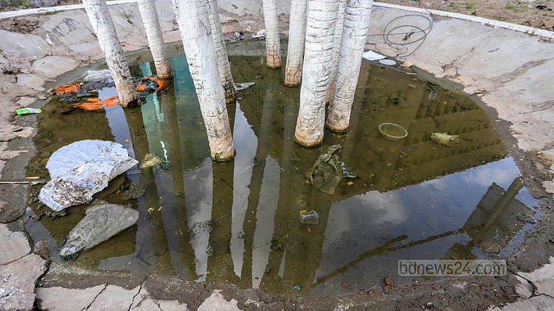 Stagnant water can serve as a breeding ground for Aedes mosquitoes. Rainwater has accumulated at the foot of the Balaka sculpture near the Biman Bangladesh Airlines office in Dhaka’s Motijheel. Photo: Asif Mahmud Ove