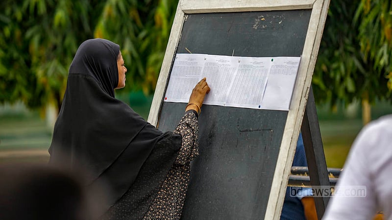 A guardian looks for the score of a student on the notice board of Rajuk Uttara Model College after the results are published on Friday, Jul 28, 2023. Photo: Mahmud Zaman Ovi