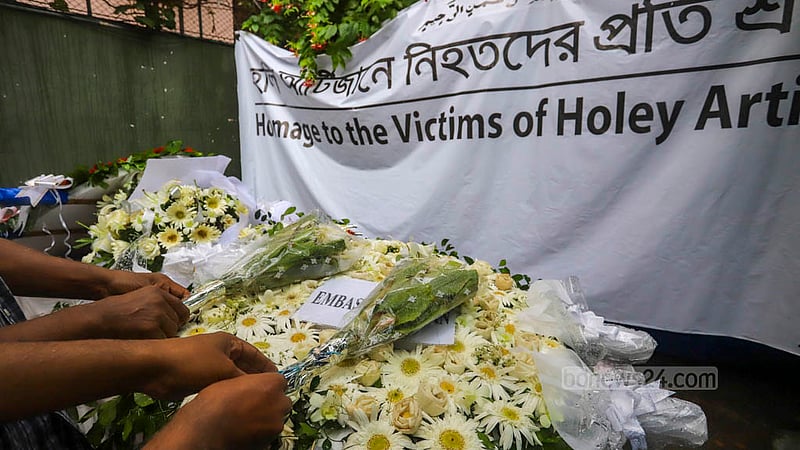 Many people came to pay respects to the victims of the terrorist attack at Holey Artisan Bakery on the 7th anniversary of the tragedy on Saturday, Jul 1, 2023. Photo: Asif Mahmud Ove