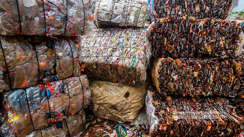 Bundles of plastic bottles are sorted at a recycling factory in Dhaka’s Hazaribagh. Photo: Tawhiduzzaman Tapu