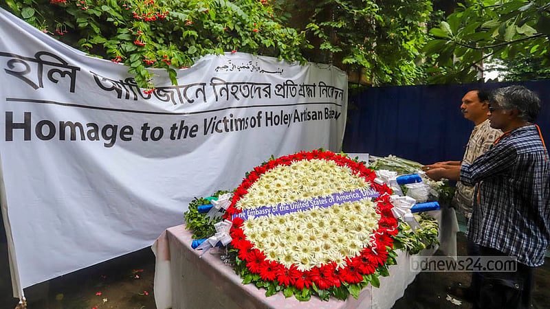 Many people came to pay respects to the victims of the terrorist attack at Holey Artisan Bakery on the 7th anniversary of the tragedy on Saturday, Jul 1, 2023. Photo: Asif Mahmud Ove
