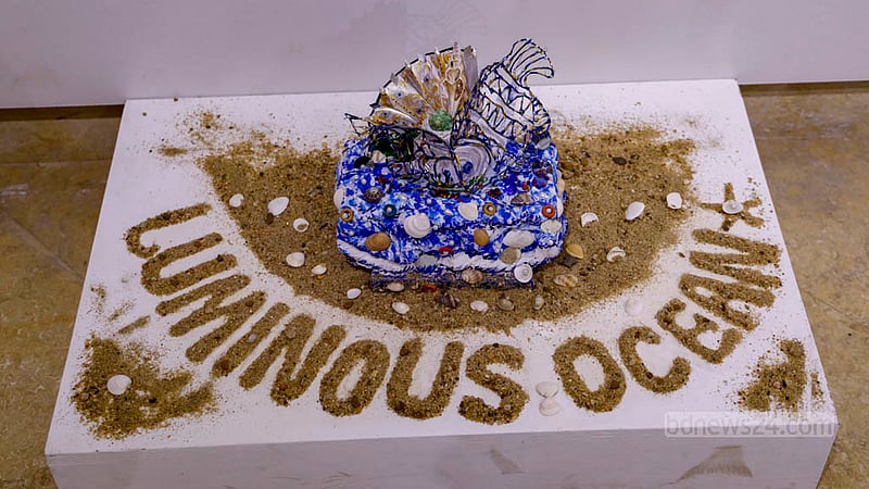 Different artworks are displayed at the Exploring Art at Sea exhibition at Nalini Kanta Bhattasali Auditorium on Wednesday, Aug 2, 2023, which was the last day of the show. Photo: Mahmud Zaman Ovi