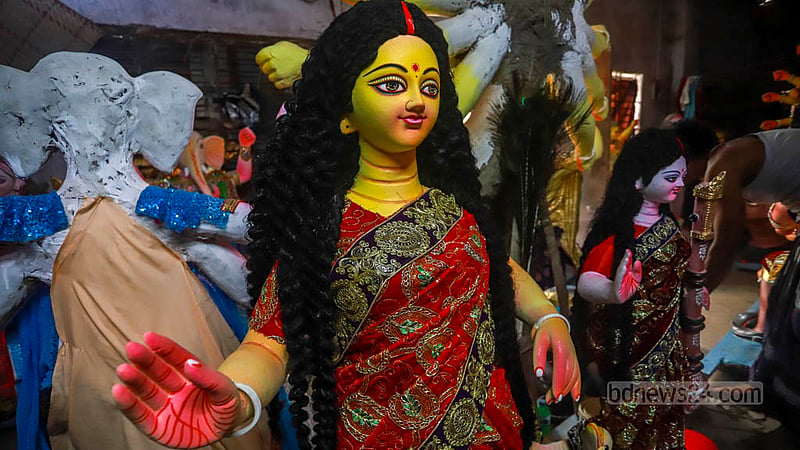 The Durga Puja idol on display at the Sri Sri Pranballabh Jiu Temple near Beauty Boarding in Banglabazar on Tuesday, Oct 17, 2023.