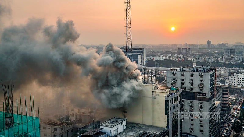 A fire breaks out at Khawaja Tower, a 14-storey commercial building in Mohakhali, caught fire on Thursday afternoon, Oct 26, 2023.