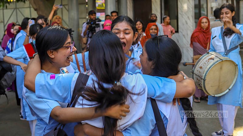 Students of Viqarunnisa Noon School and College celebrate after the results of the HSC exams were published on Sunday, Nov 26, 2023.