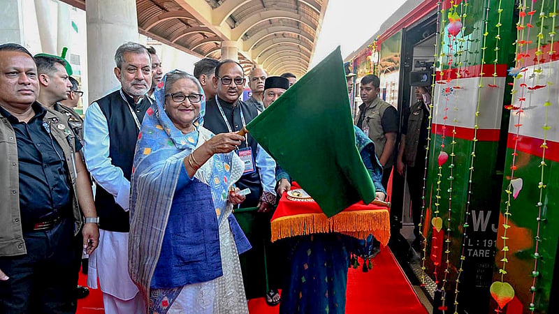 Prime Minister Sheikh Hasina inaugurates first train services on the Cox’s Bazar rail link by waving a green flag at the station in the beach city on Saturday, Nov 11, 2023.