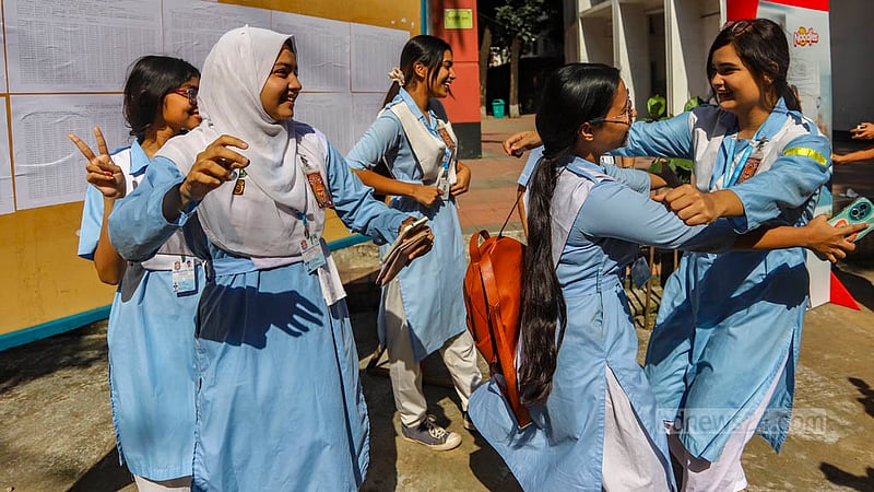 Students of Viqarunnisa Noon School and College celebrate after the results of the HSC exams were published on Sunday, Nov 26, 2023.